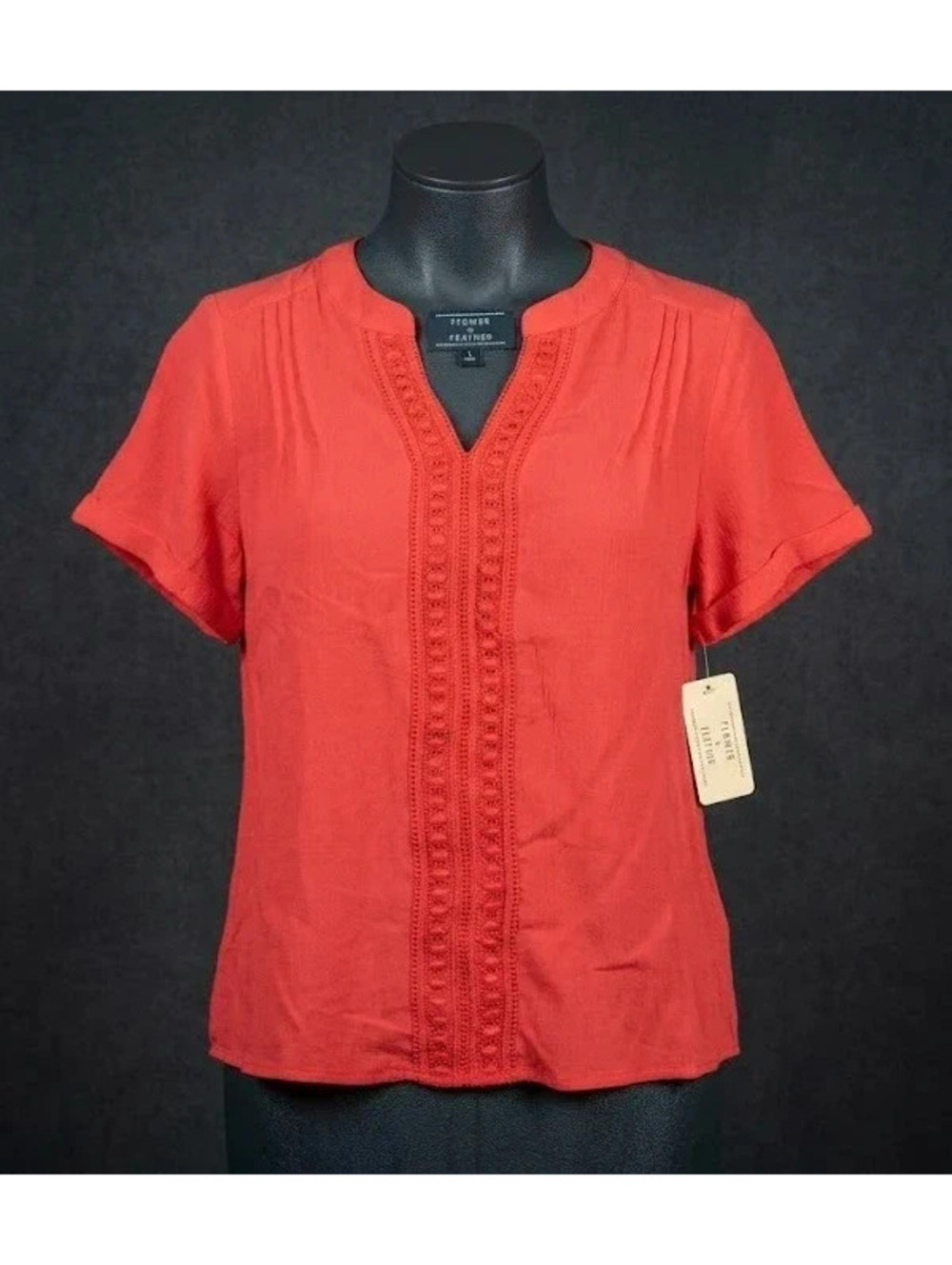 Flower & Feather Red Coral Embroidered Split V-Neck Boho Blouse Top - Size L